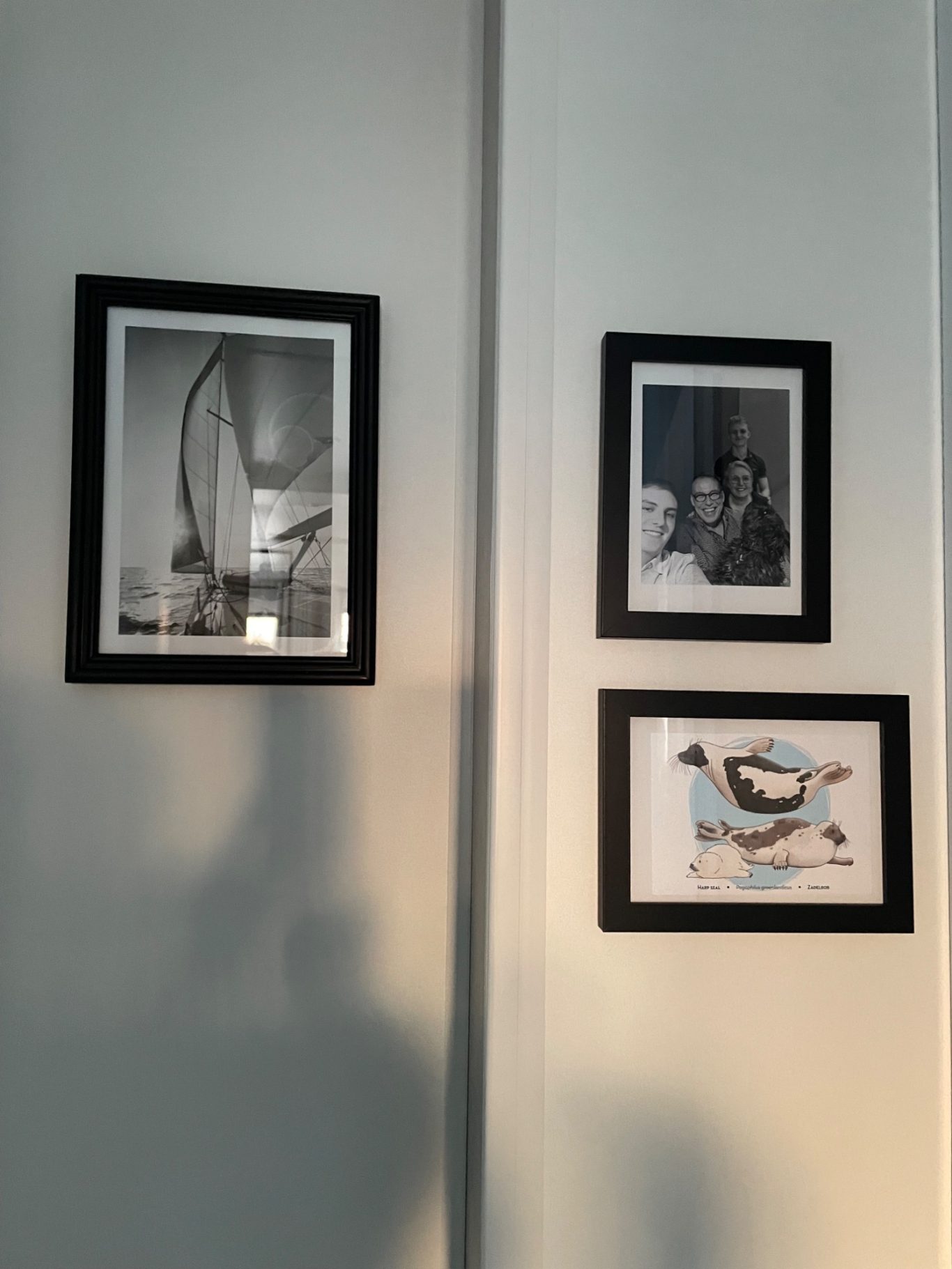 Einrichtungsdetailles Drei gerahmte Bilder an einer Wand, zwei Schwarzweiß- und ein farbiges Bild.